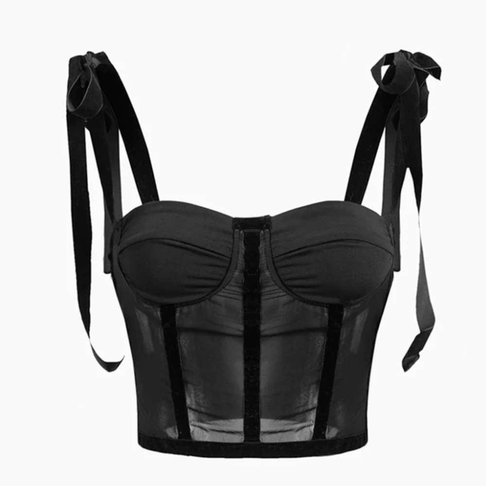 Commense Black Sheer Corset Tie-Shoulder Camisole - Picture 2 of 7